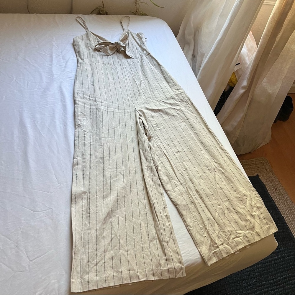 MAJORELLE cream pinstripe linen cotton blend smocked wide‎ leg cropped jumpsuit
